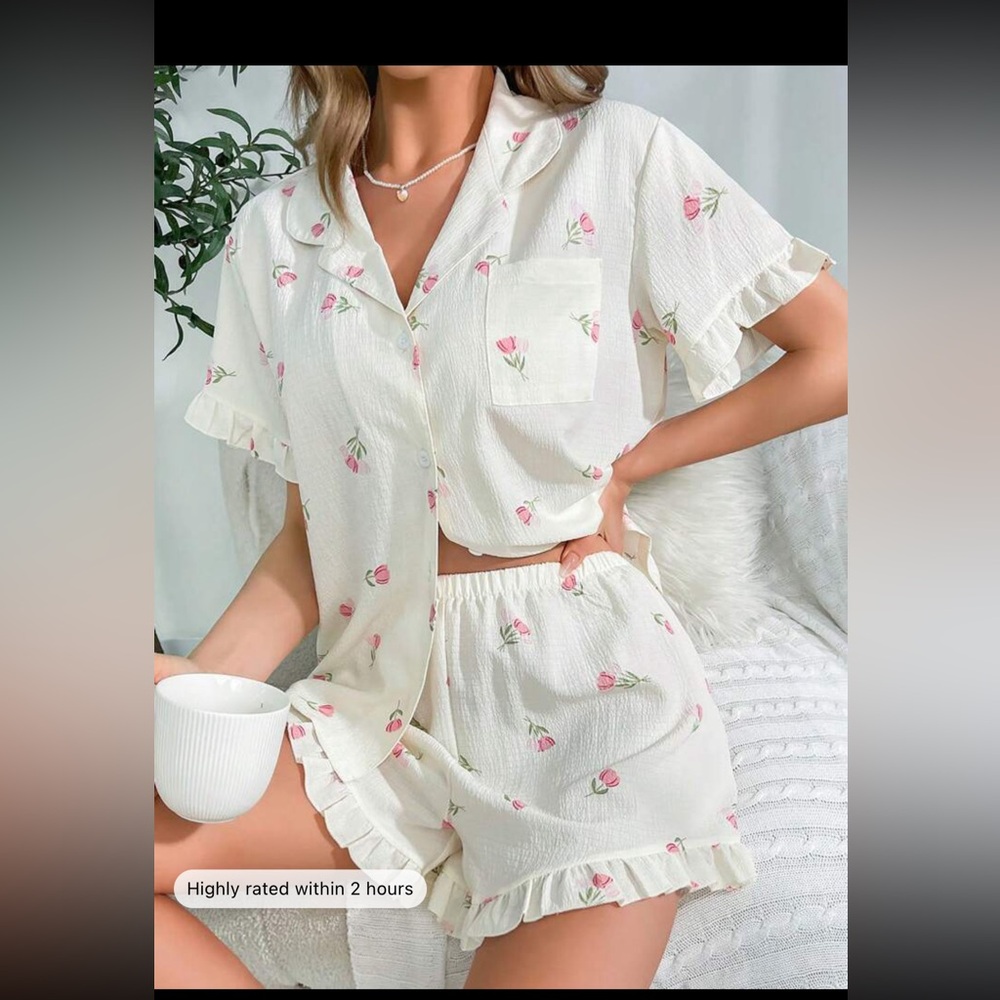 White and pink floral ruffle trim PJ set